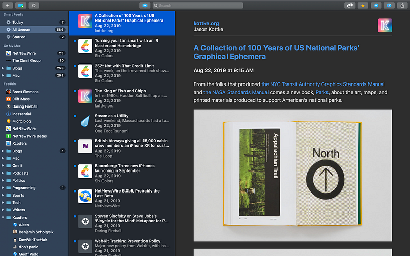 NetNewsWire application displaying RSS feeds