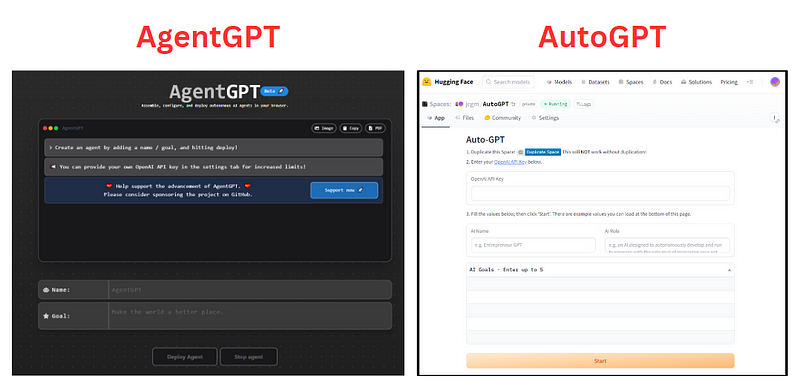 Comparison of AutoGPT and AgentGPT Interfaces