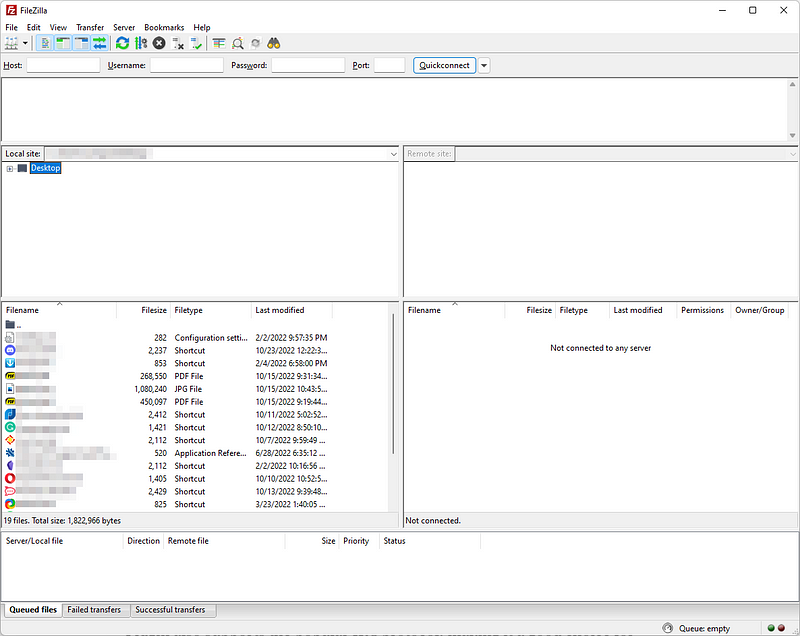 FileZilla file transfer interface