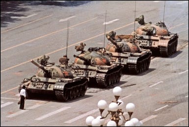 The iconic image of the Tank Man during the Tiananmen protests