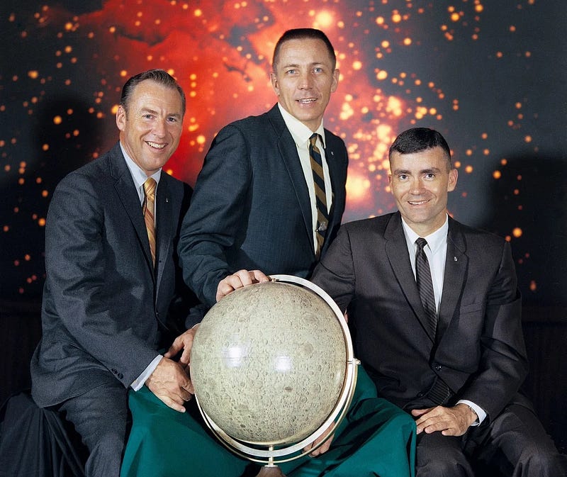 Apollo 13 crew members: J. Lovell, J. Swigert, F. Hayes