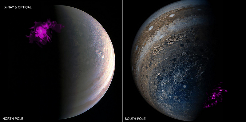 Overlaid images of Jupiter's auroras from Juno and Chandra