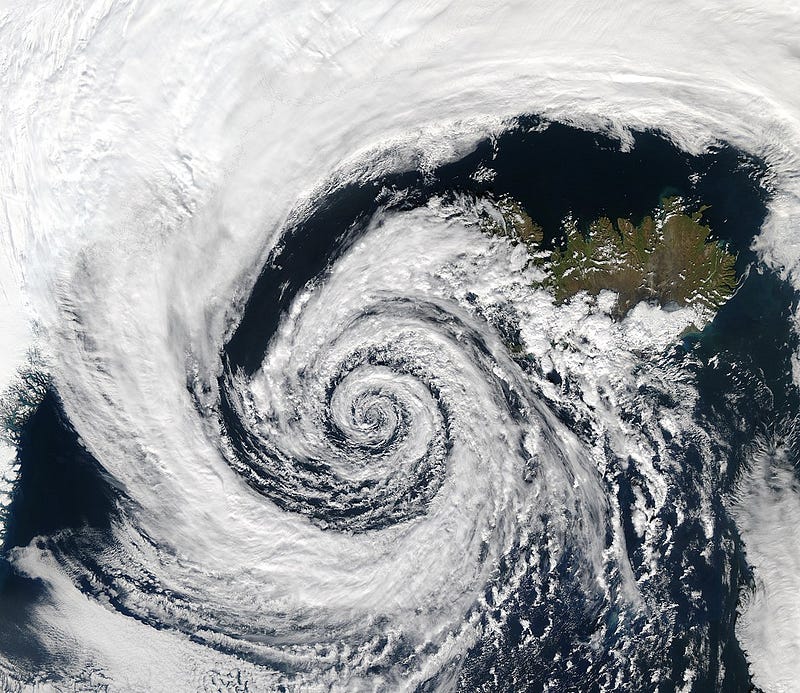 Aerial view of low pressure system over Iceland