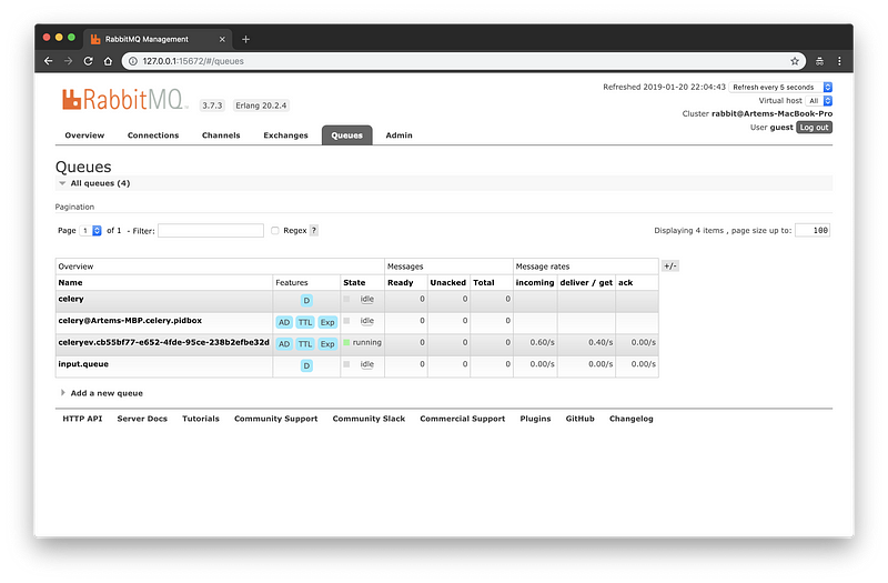 RabbitMQ interface showcasing Celery queues