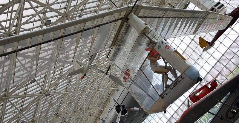 Bryan Allen in the cockpit of the Gossamer Albatross