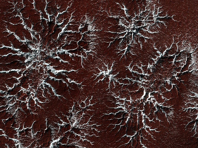 Aerial view of Martian araneiform terrain