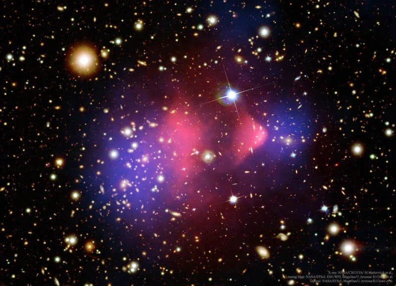 The Bullet galaxy cluster showcasing gravitational lensing