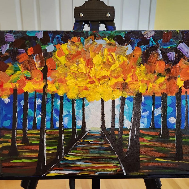 A vibrant autumn forest painted in acrylics