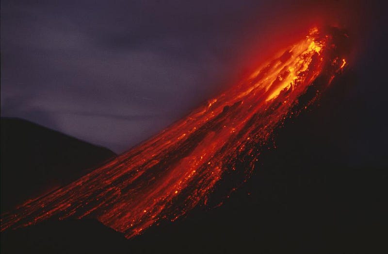 Lava appearing red due to extreme heat.